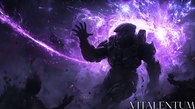 Armored voidwalker catching a storm of violet galaxies.