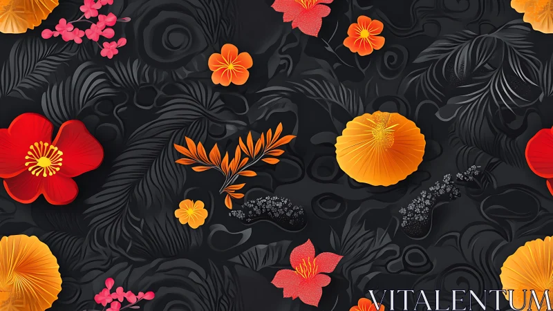 Vibrant Floral Pattern on Black Background with 3D Depth