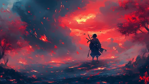 Lone swordsman under red storm sky in stylized landscape.