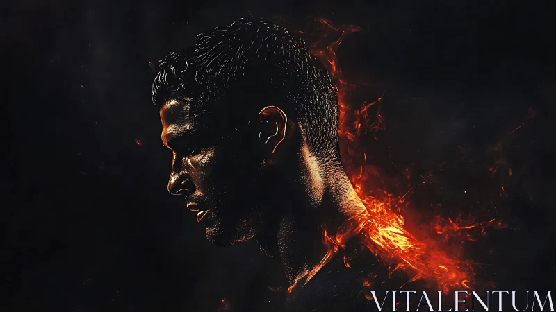 Fiery male profile silhouette glows through dark void.