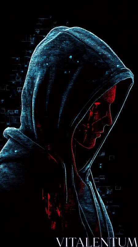 Hooded figure silhouette is rendered with cybernetic line detail