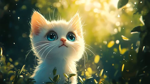 Wide-Eyed Wonder: Luminous Kitten in Golden Garden.