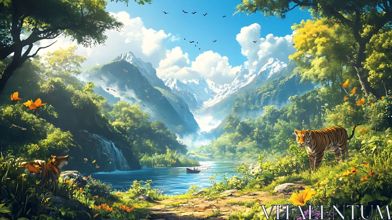 Digital landscape shows river, tigers and distant mountains