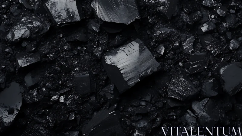 Black coal fragments with sharp textures and rough surfaces.