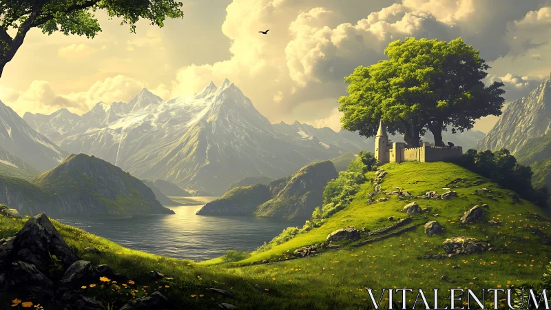 Sunlit alpine lake with fortified hilltop castle and ancient trees