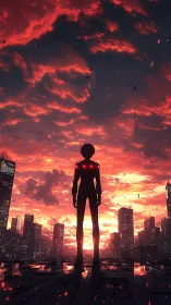 Silhouetted cybernetic figure surveys neon city at apocalyptic dusk