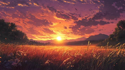 Sunset over golden field with distant mountains and trees.