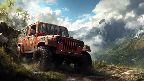 Weathered 4x4 off-road vehicle climbs wet alpine rock track