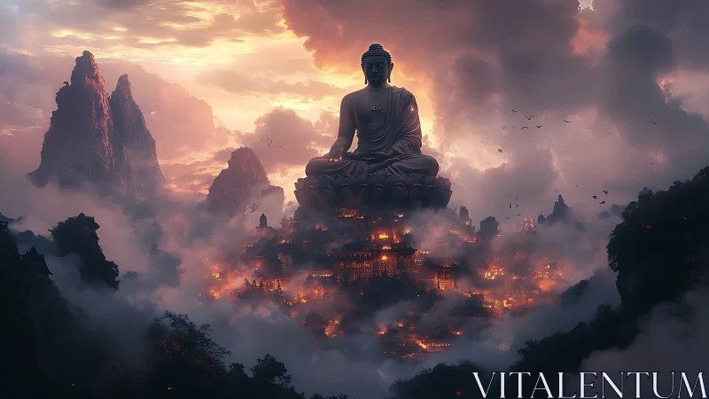 Colossal Buddha over glowing mountain temple city at dusk.