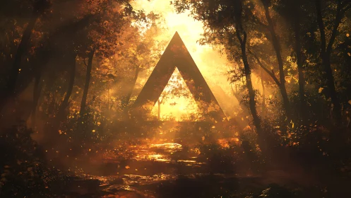 Triangular aperture framing luminous forest environment.