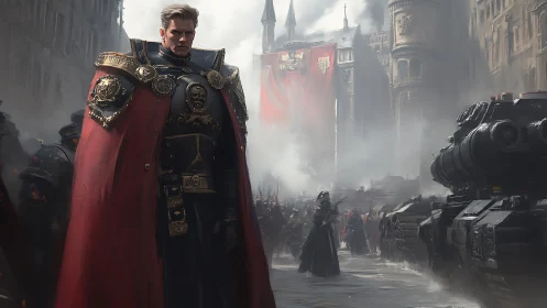 Imperial warlord strides through gothic armored parade street.
