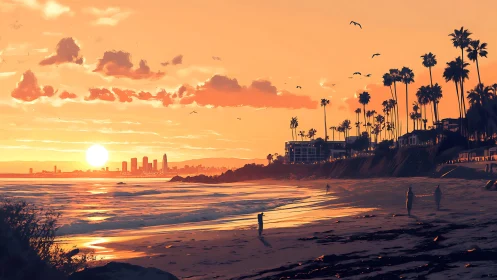Sunlit coastal skyline beneath vivid orange sunset glow.