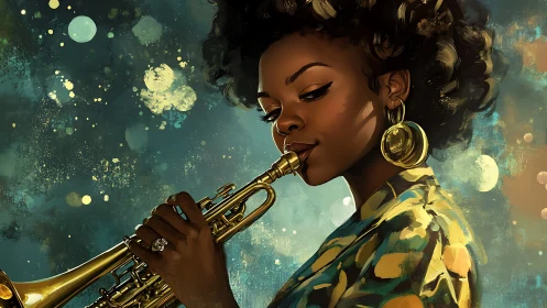 Digital portrait of woman playing trumpet against abstract night sky.