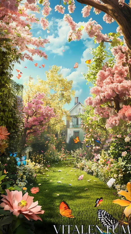 Butterflies drift through a lush spring garden toward home