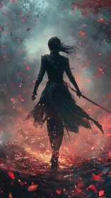 Blade-wielding warrior strides through ember-lit forest path.