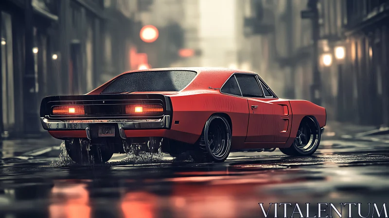 Red muscle car on wet city street at night in rain.