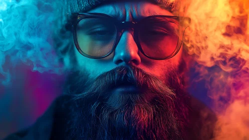 Bearded man portrait in neon bicolor smoke, close-up focus