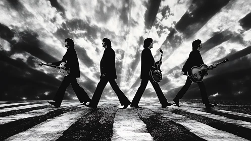 Crosswalk guitar saints striding beneath stormlit halos.