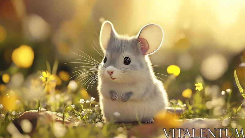 Soft-lit digital mouse portrait in sunlit meadow bokeh