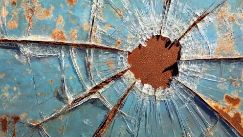 Shattered glass with rusted blue metal background, abstract style.