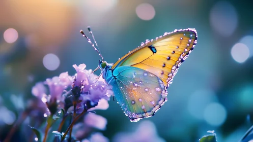 Iridescent butterfly sipping dawn light in bokeh bloom dream.