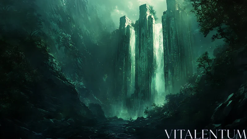 Monolithic cliff pillars channel luminous glacial waterfalls