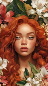 Red haired woman portrait framed by mixed botanical flowers.