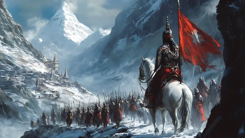 Armored cavalry column advancing through snowy mountain pass.