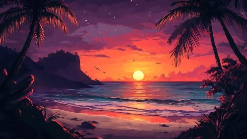 Gentle tropical sunset painting with glowing ocean waves.
