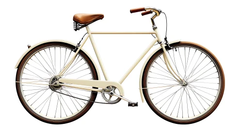 Vintage-style bicycle with cream frame and brown leather components.
