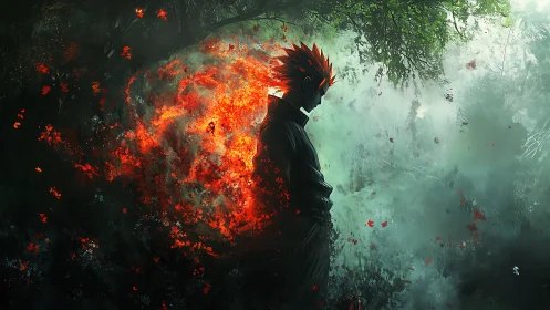 Silhouetted figure stands amid contrasting fire and forest