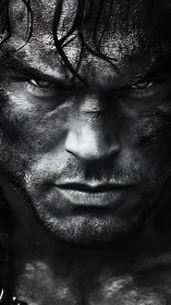Gritty monochrome close-up of intense male warrior face.