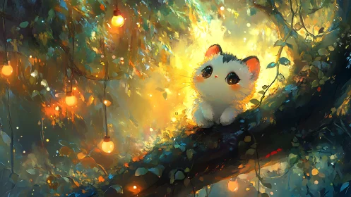 Luminescent Feline Perched in Enchanted Woodland Glow.