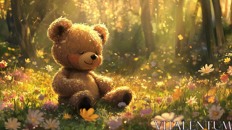 Sun-drowsy teddy dreaming in a wildflower forest glow.