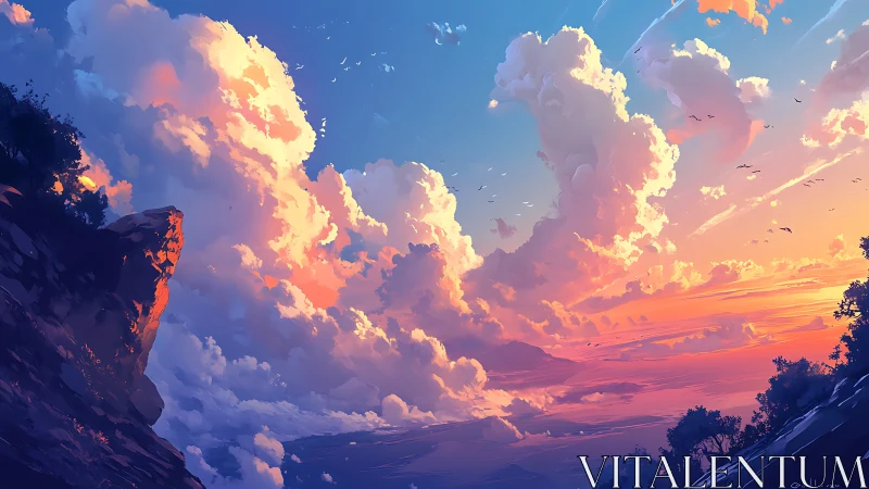 Sunset clouds tower above a tranquil coastal horizon.