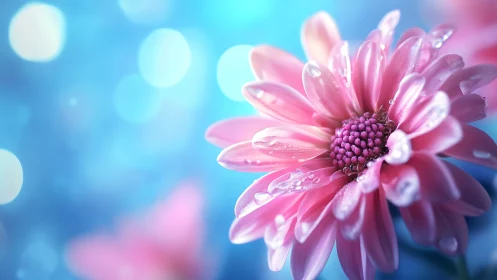 Pink Gerbera Daisy with Water Droplets on Blue Background.