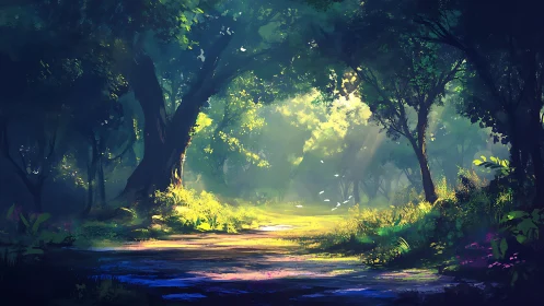 Sunlit Forest Clearing with Luminescent Canopy and Reflective Water Stream