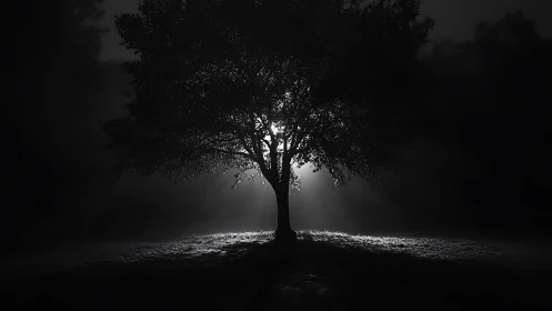 Quiet night tree glows softly with a hidden gentle light