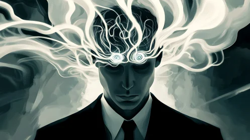 Surreal man in suit with swirling abstract mindscape.