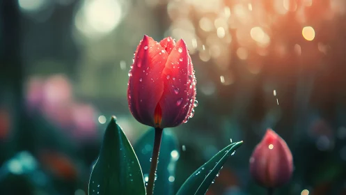 Crimson Tulip with Dewdrops in Soft-Focus Garden Setting