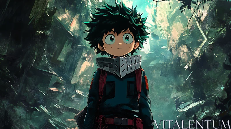 Green‑haired wanderer studies light in a fractured forest