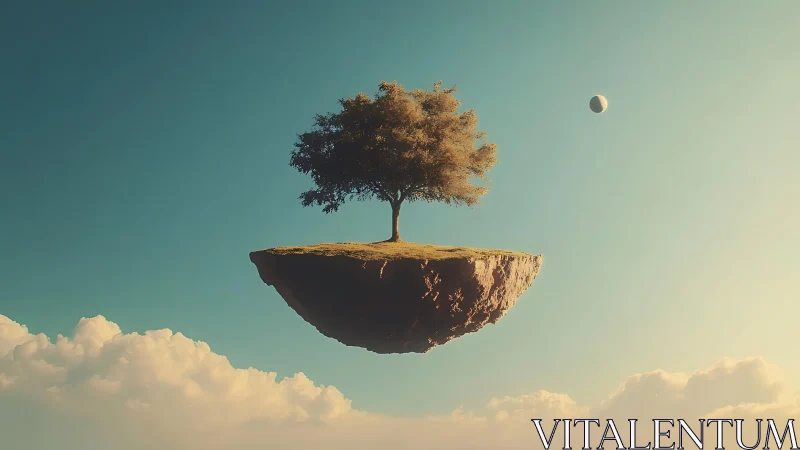 Solitary tree stands on suspended landmass in clear sky