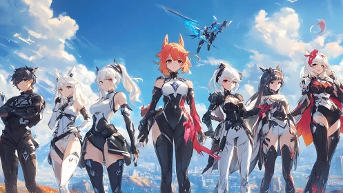 Futuristic anime squad in sleek exosuits under vivid sky.