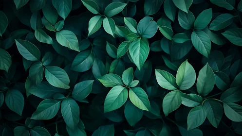 Green foliage pattern with overlapping tropical leaves.