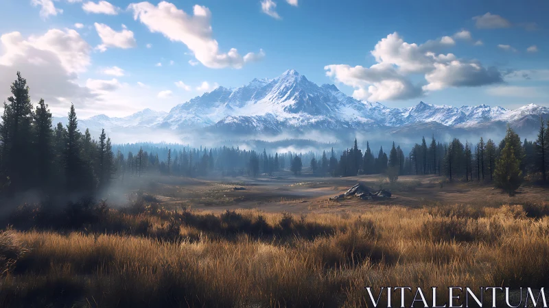 Snowcapped alpine range above misty pine valley at sunrise.