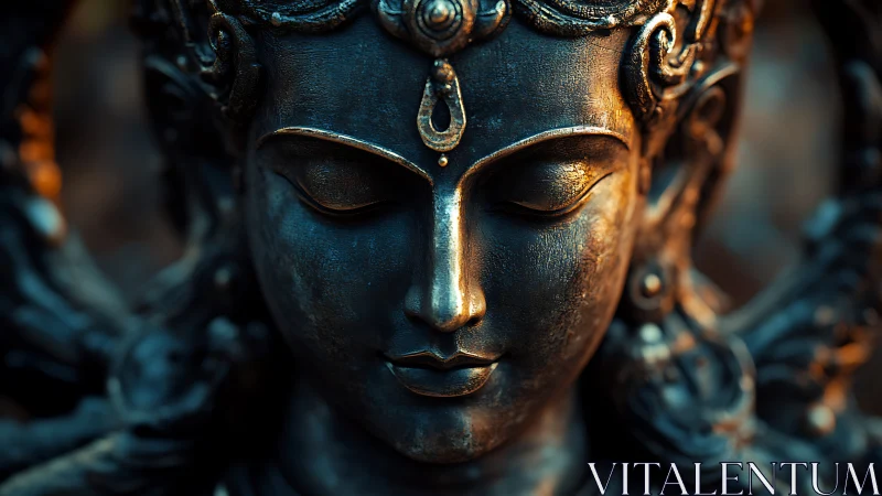 Metallic sculpted face is rendered with close frontal lighting