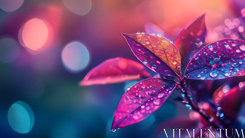 Chromatic macro foliage with refractive dew-bokeh interplay.