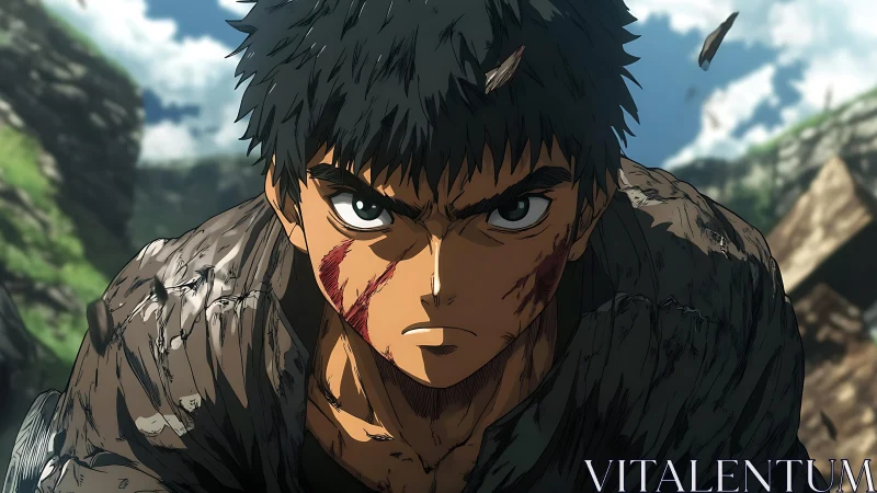 Battle-scarred anime hero charging through wild canyon lands.