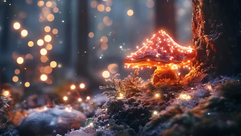 Star-kissed forest mushroom glowing in frosted twilight hush.