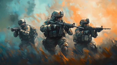 Storm-lit soldiers carve forward through swirling painted fire
